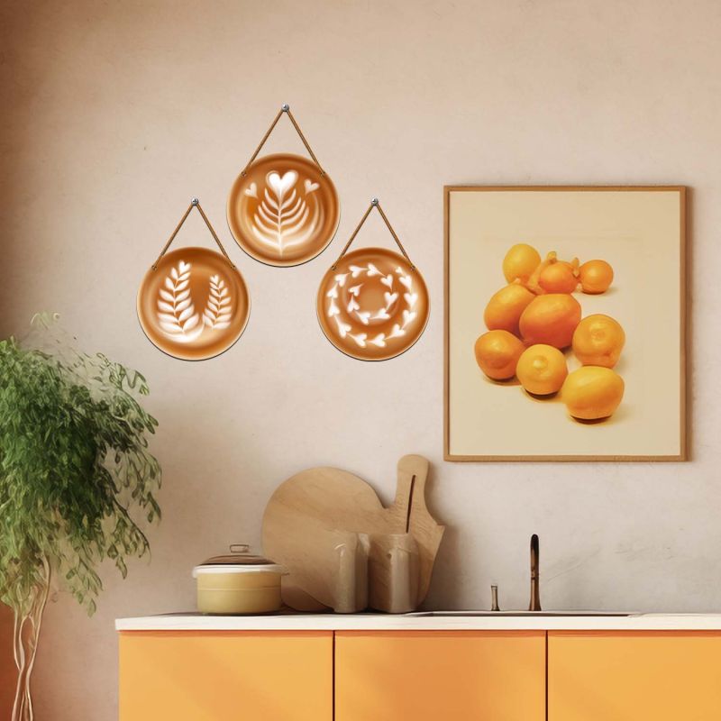 -Piece Coffee Art Round Wall Hanging Set Modern Cafe-Themed Wall Art for Kitchen, Coffee Bar, and Restaurant Decor